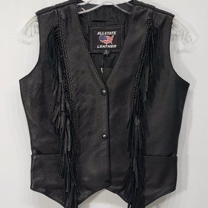 ALLSTATE  New with Tags Ladies Braided Black Leather Vest with Fringe Size Small